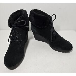 Women's Donald J Pliner Maxxi Wedge Heeled Boots Black Suede Faux Fur Edge Sz 8